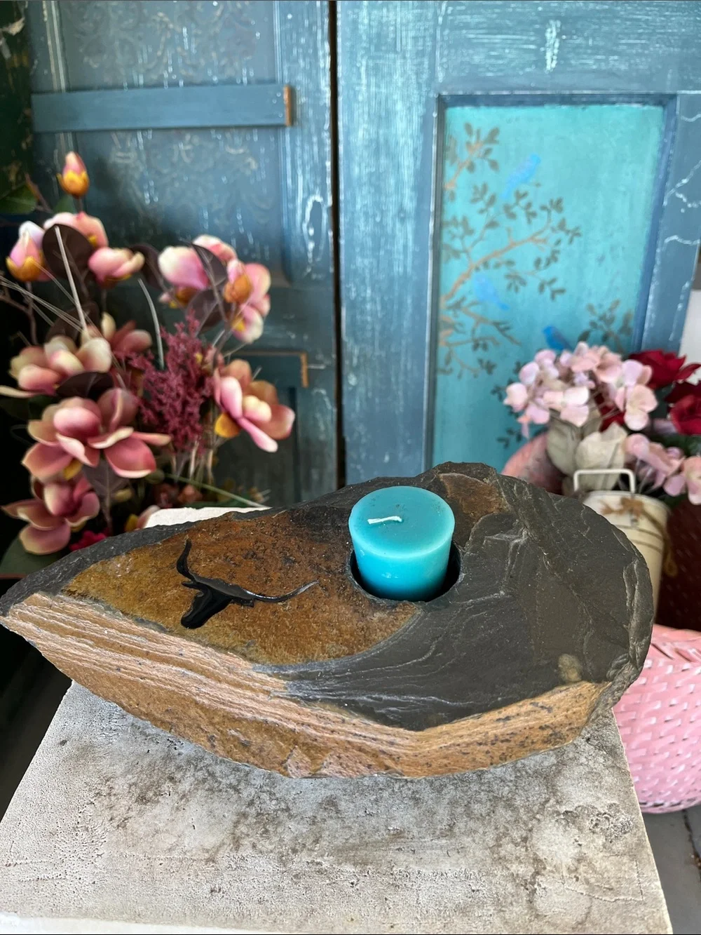 Rustic natural slate stone tealight candle holder